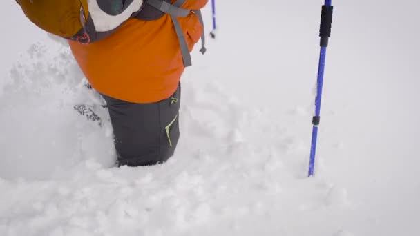 Nära bilder av två personer som går i färsk snö — Stockvideo