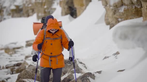 Vista frontal de la gente Trekking en rocas heladas — Vídeos de Stock