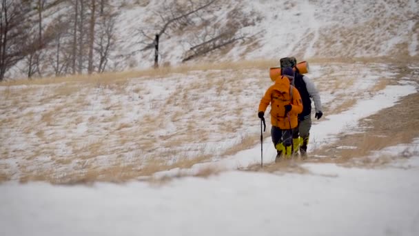 İki kişilik bir ekip sefere çıkıyor. Kuzeyin zor koşulları, her adım tehlikeli ve zor. — Stok video
