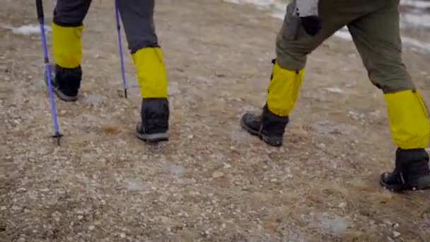 Onlar yokuş yukarı giderken bir yürüyüşçü bacaklar Geri görünümü, bir kayak direkleri ile kendilerine yardım. — Stok video