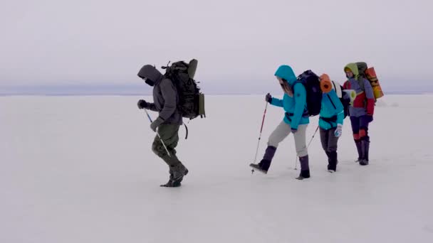 Grupp av aktiva män och kvinnor med ryggsäckar ans skidstavar går över fryst flod i stark vinter vind. — Stockvideo