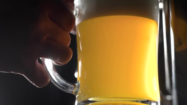 Abaixo a foto de um trabalhador da cervejaria derramando abelha recém-trabalhada em um copo para testar a qualidade . — Vídeo de Stock