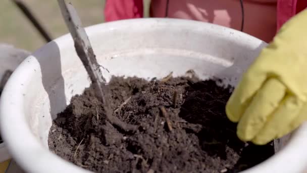 Umano sta versando il terreno in vaso bianco per fiori all'aperto, primo piano delle mani con guanti di gomma protettivi — Video Stock