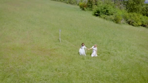 Tiro aéreo. Duas meninas bonitas caminham pelos prados da Toscana. Férias em Itália . — Vídeo de Stock