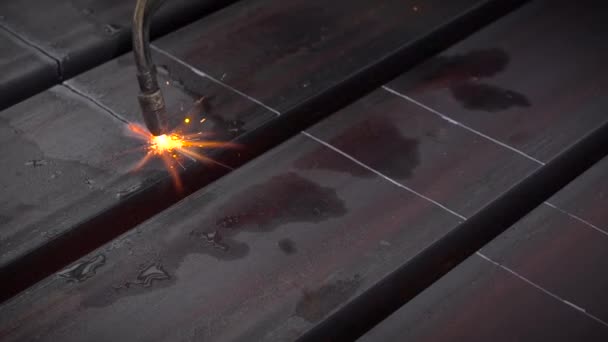 Il costruttore taglia il metallo con un bruciatore speciale. Guanti protettivi — Video Stock