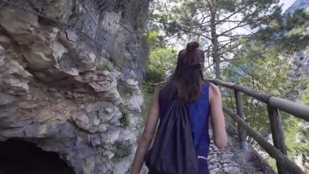 Bella donna con gli amici va a fare escursioni. Intorno alla splendida vista e la natura . — Video Stock