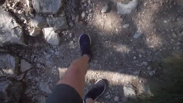 Utsikt från ovan. En man i shorts och sneakers går på en vandringsled. Stigen är full av stenar och trädrötter. — Stockvideo