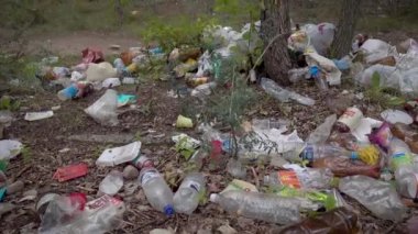Orman yolunda büyük yasadışı çöplük. Plastik, poşet, şişe ve diğer atık bir demet çevreyi kirleten. Güzel bir kirli manzara değil, hüzünlü bir manzara..