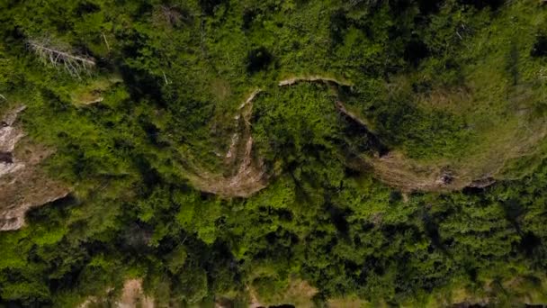 View from above on the rocky mountain and the shore. Summer nature in the central strip of Russia. Stone cliffs and vegetation. — Stock Video