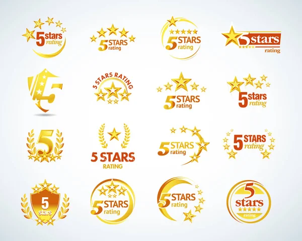 Goldene Fünf Sterne Logo Vorlage Gesetzt Sterne Rating Embleme Gesetzt — Stockvektor