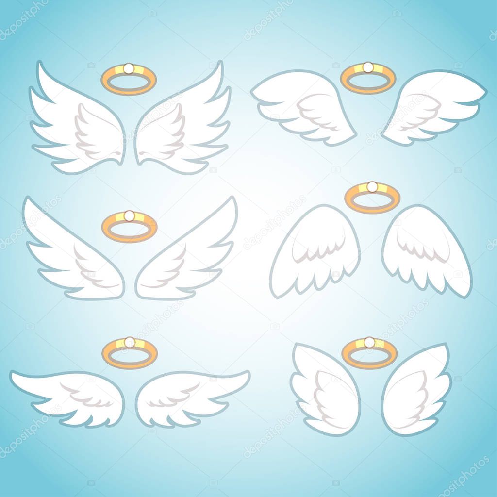 Flying angel wings with gold nimbus. Angelic wing cartoon vector set. Isolated Illustration of holy symbol collection