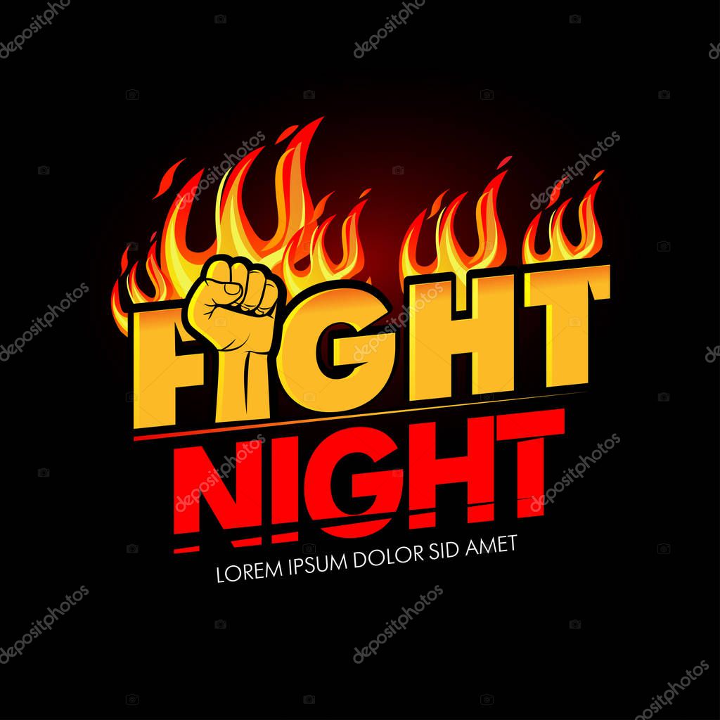 Modern professional fighting poster template logo design with fist and fire. Isolated vector illustrations.