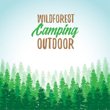 Wildforest kamp açık reklam. Manzara Ağaç silueti; vektör çizim grunge etkisi ile; Soyut doğa, orman, dağ retro logosu ile arka plan kamp; Yaz park açık