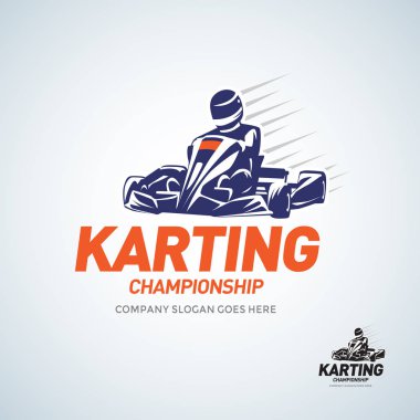 Karting Club yarış Yarışması siyah ve beyaz logo tasarım şablon binici Ile kart silueti. Kart yarış galibi, beyaz bir arka planda logo illüstrasyon