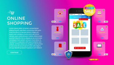 Online alışveriş uygulaması ve web sitesi konsepti, dijital pazarlama çevrimiçi, akıllı telefon ekranında yeni ögeleri olan alışveriş arabası.