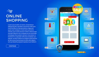 Online alışveriş uygulaması ve web sitesi konsepti, dijital pazarlama çevrimiçi, akıllı telefon ekranında yeni ögeleri olan alışveriş arabası.
