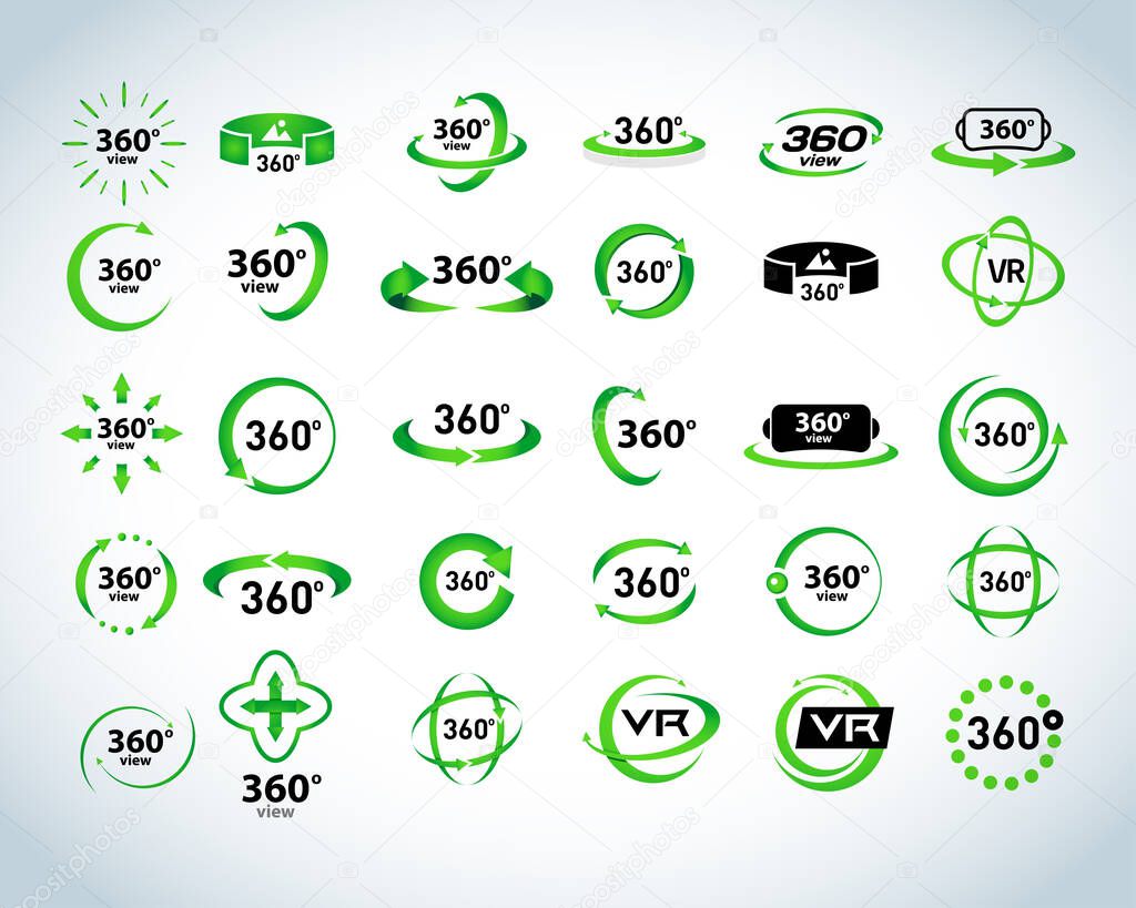 360 Degrees View Vector Icons set. Virtual reality icons. Isolated vector illustrations. Green version.