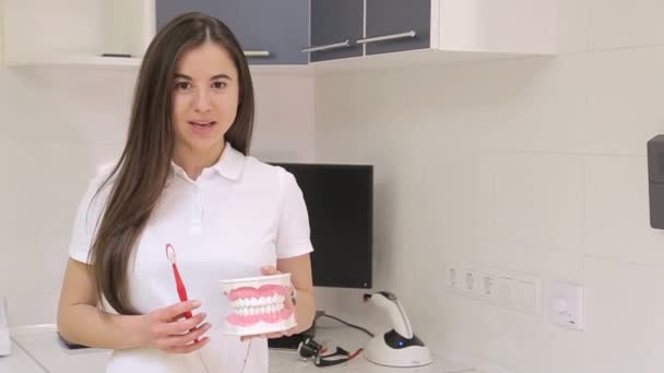 Sorridente Dentista Feminino Explica Como Escovar Dentes — Vídeo de Stock