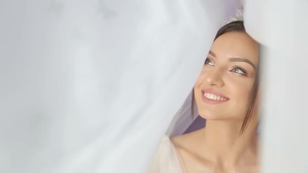 一个美丽的时尚的黑发新娘的画像 甜美而性感 婚纱和头发 背景很窄 艺术现代风格 — 图库视频影像