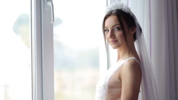 Portrét Krásné Módní Brunetky Nevěsty Sladké Smyslné Svatební Make Vlasy — Stock video