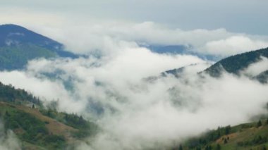 Dağlarda sis ve bulutlar, dağlarda sabah, Ukraynalı Karpatlar, zaman turları, 4k