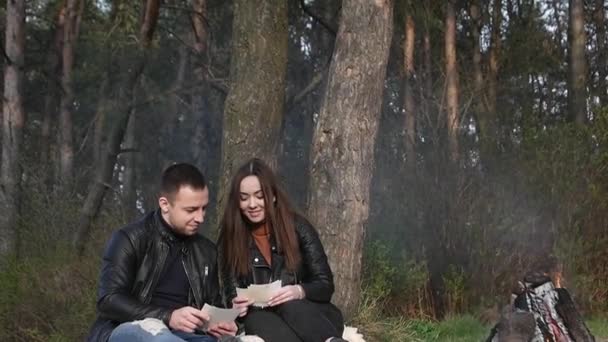 Young Couple Love Woods Fire Holiday Nature — Stock Video