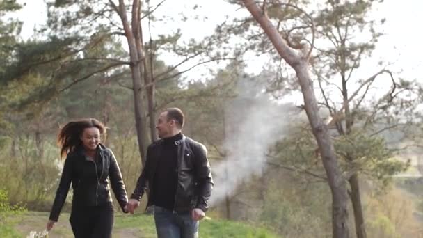 Loving Couple Walk Woods — Stock Video