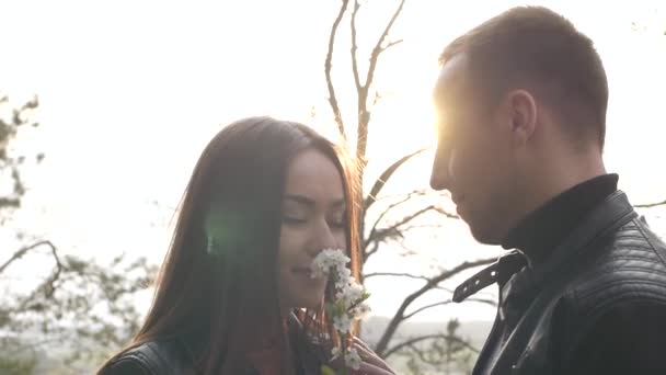 Ormanda Yürüyen Çekici Genç Bir Çift Sevgi Dolu Çift Gün — Stok video