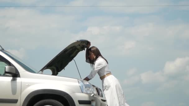 Kadını Yolda Bozuk Arabasının Yanında Yardım Bekliyor — Stok video