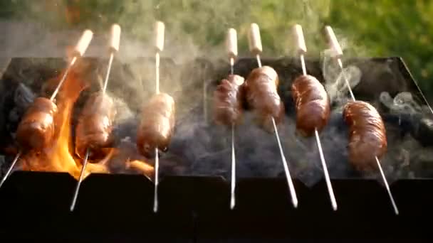 Salchichas Picantes Zapekalsya Parrilla Barbacoa Caliente Ahumado Fragmentos Parrilla — Vídeo de stock