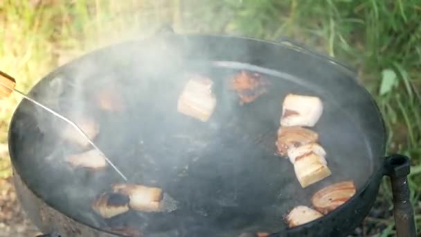 Куски соленого бекона на тёмном фоне. Украинское сало в огне, барбекю — стоковое видео
