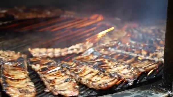 Beef steaks on the grill with flames — Stock Video
