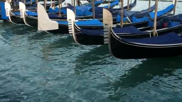 Venetië Italië 2019 Gondels Geparkeerd Bij Pier Het San Marco — Stockvideo