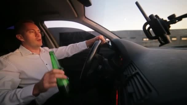 Drunk Driver Wheel Young Man Drinking Beer Car — Stock Video