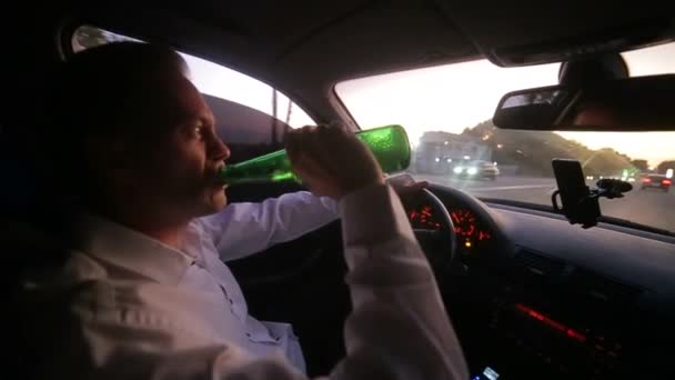 Drunk Driver Wheel Young Man Drinking Beer Car — Stock Video