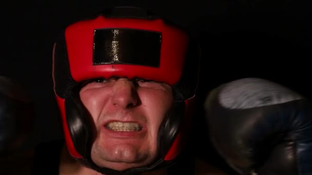 Сердитий боксер кричить в об'єктив камери — стокове відео