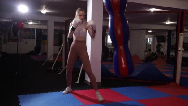 La chica boxeadora gana a una bolsa. Chica deportiva. Concepto de mano. Artes marciales femeninas — Vídeos de Stock