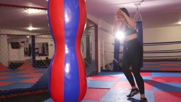 A mulher boxeadora treina no ginásio. Boxe amador. Auto-defesa — Vídeo de Stock