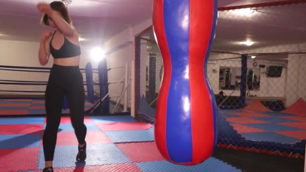 Mulher atlética praticando socos enquanto treina no ginásio. Arte marcial feminina — Vídeo de Stock