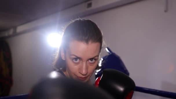 Chica boxeador golpea a una bolsa, entrenamiento en el gimnasio. — Vídeo de stock