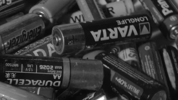 Batteries Different Manufacturers Collection Recycling Great Danger Radiation Environment Place — Stock Video