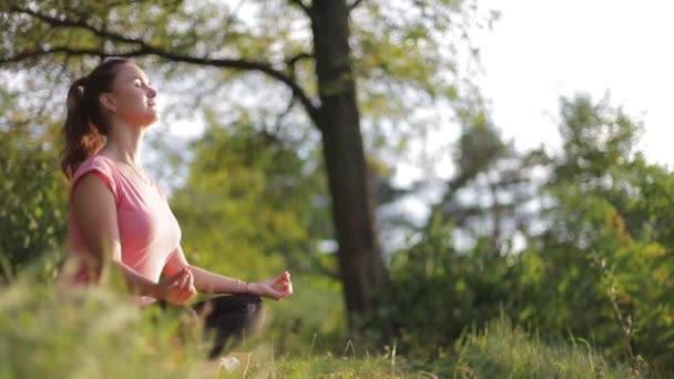 Das Mädchen praktiziert Yoga an einem sonnigen Tag — Stockvideo