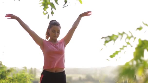 Yoga e recreação ao ar livre sobre o pôr do sol. Formação matinal. — Vídeo de Stock