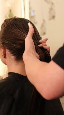 Modern güzellik salonunda saç kesiminden önce müşterinin saçını tarayıp, toplayan profesyonel bir stilist. Saç bakımı ve bakım tedavisi.