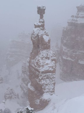 Göz kamaştırıcı ve görkemli bir kaya oluşumu yoğun sis ve kış güzellikleriyle çevrili parlak karla kaplı.