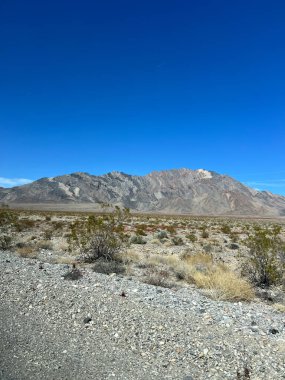 Geniş bir çöl manzarasının, el değmemiş mavi gökyüzünün altındaki dağları gösteren nefes kesici manzarasına tanık olun.