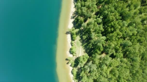 Beautiful tropical beach aerial. Birds eye view of coastline. Cyan ocean, trees — Stock Video