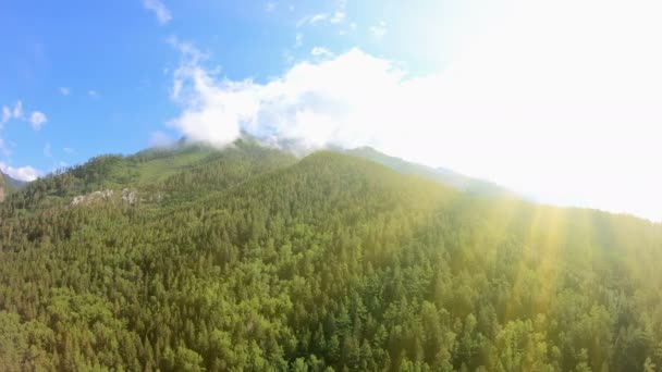 Hermoso paisaje. Montañas, bosque verde, cielo azul y luz solar brillante — Vídeos de Stock