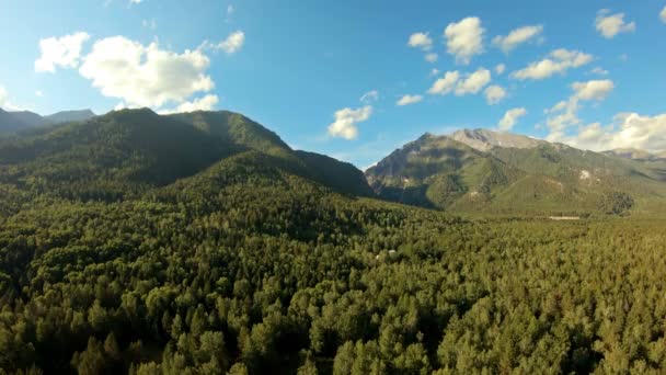 Disparo aéreo en las montañas. Drone se elevan por encima del bosque — Vídeos de Stock