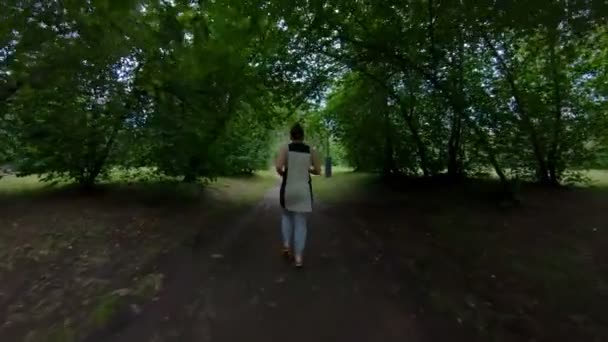 A correr no parque. Menina correndo ao longo do caminho da floresta. Movimento lento — Vídeo de Stock